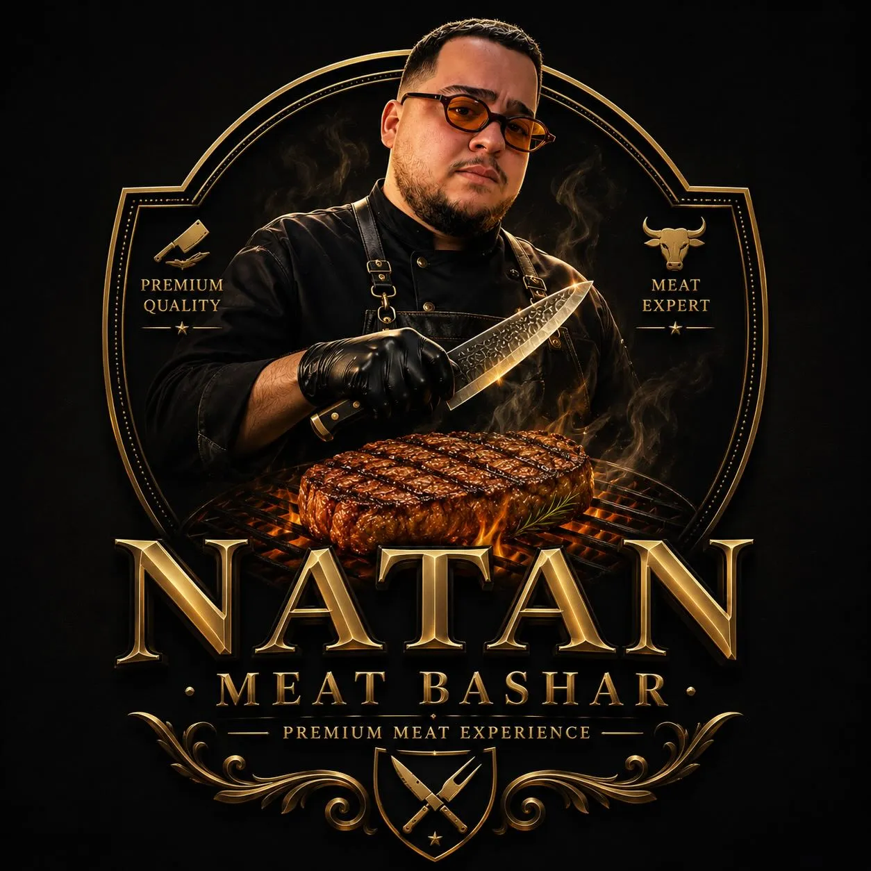 סמל NATAN MEAT HOUSE בזהב על רקע שחור: נתן במדי שף אוחז סכין מעל סטייק על הגריל, בתוך מדליון זהב עם ראש שור